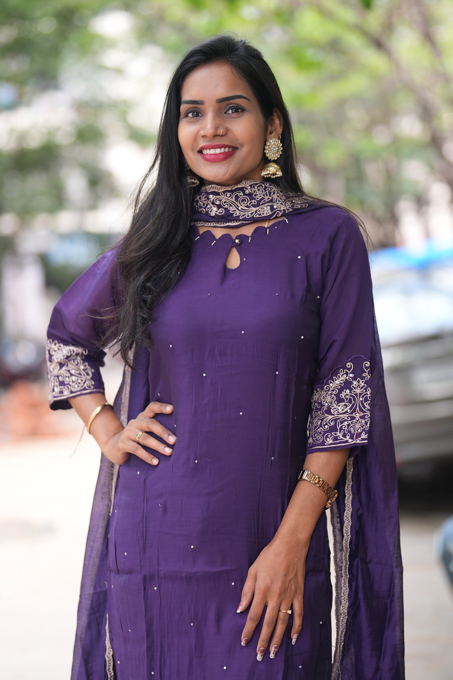 Purple Mul Chandheri Designer Wear 3 Piece Set