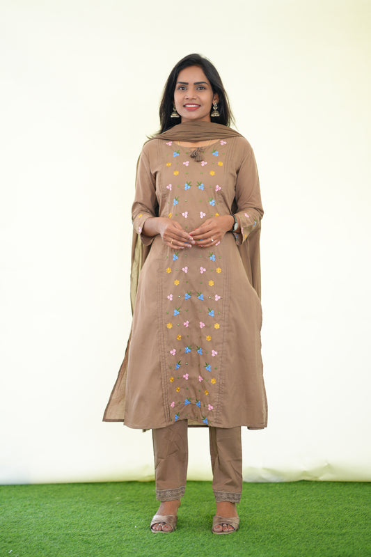 Light Brown Color Jaipur Cotton 3 Piece Set with Heavy Embroidery work