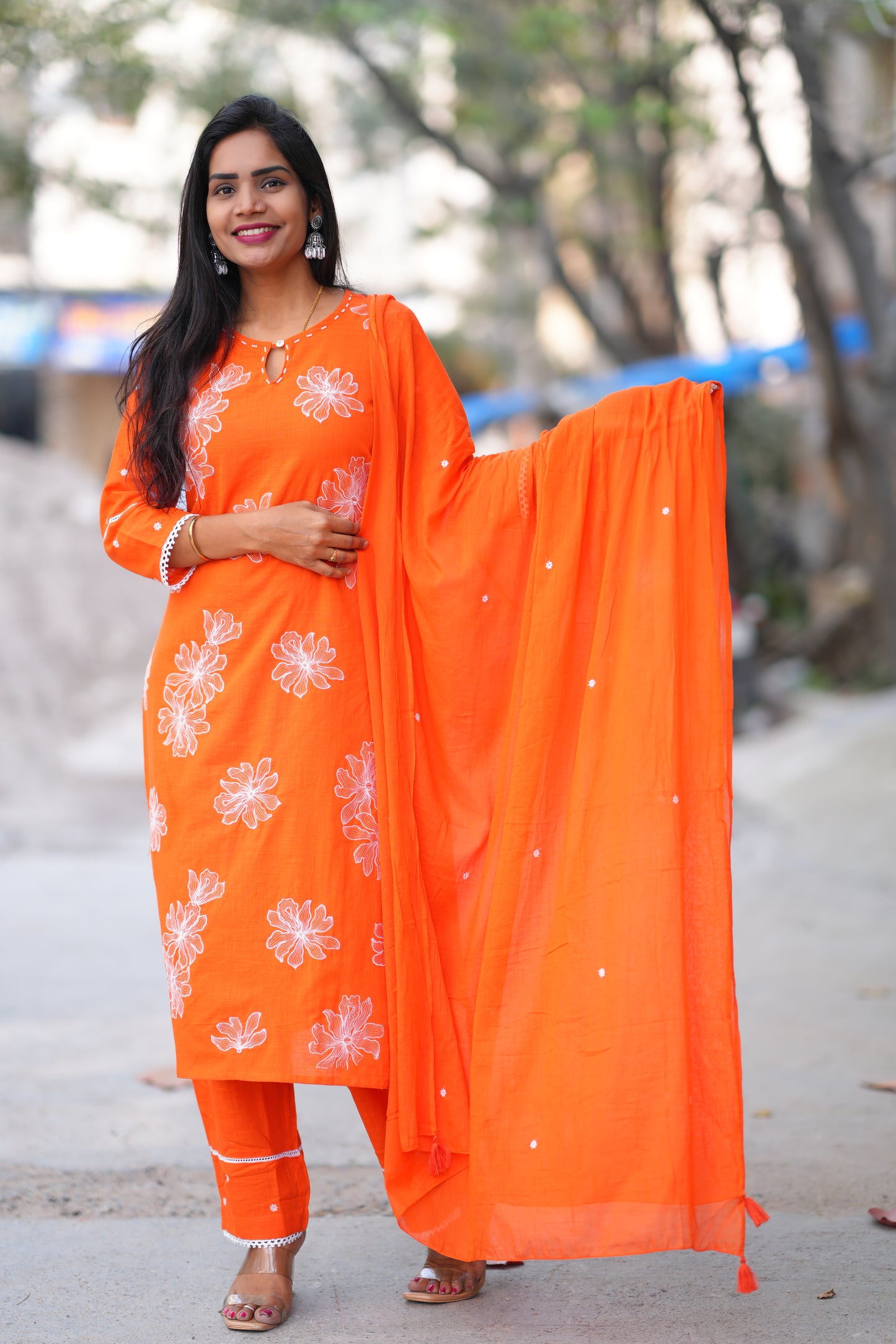 Orange Color Slub Cotton 3 Piece Set With Embroidery Work and Complete Lining
