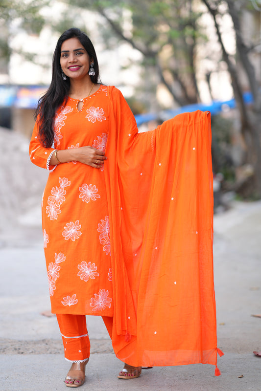 Orange Color Slub Cotton 3 Piece Set With Embroidery Work and Complete Lining