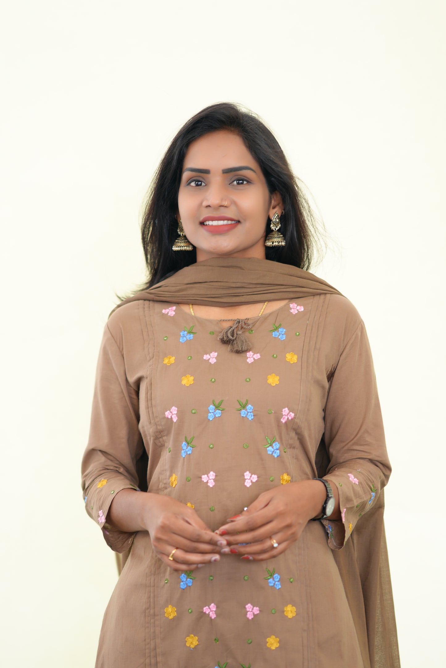 Light Brown Color Jaipur Cotton 3 Piece Set with Heavy Embroidery work