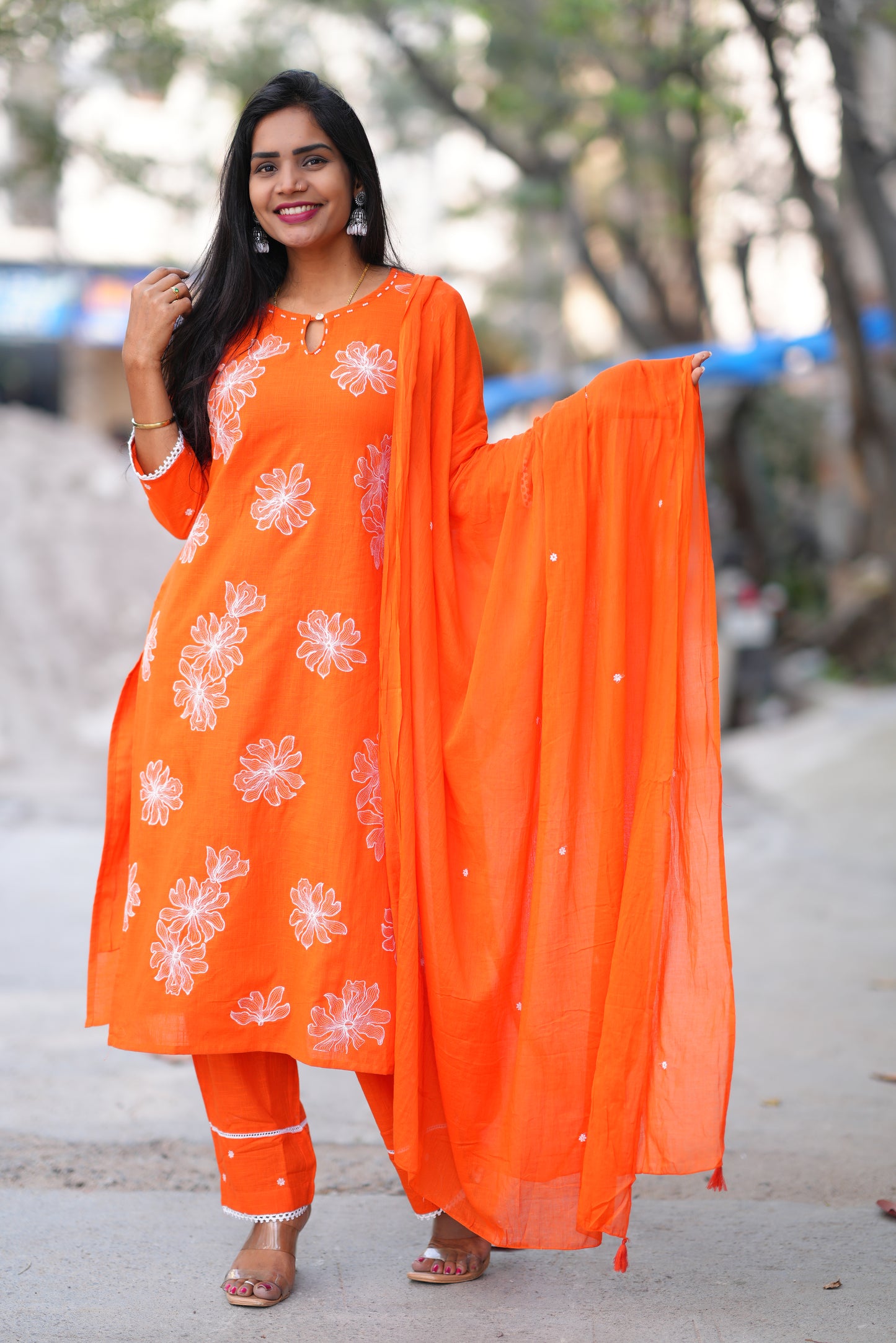 Orange Color Slub Cotton 3 Piece Set With Embroidery Work and Complete Lining