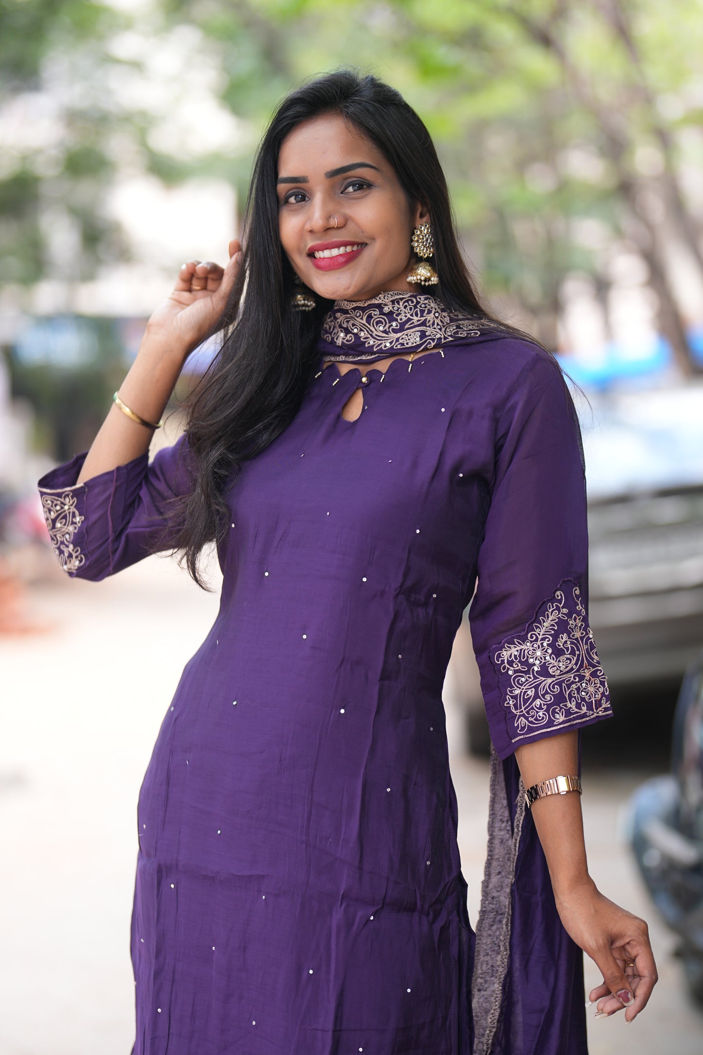 Purple Mul Chandheri Designer Wear 3 Piece Set