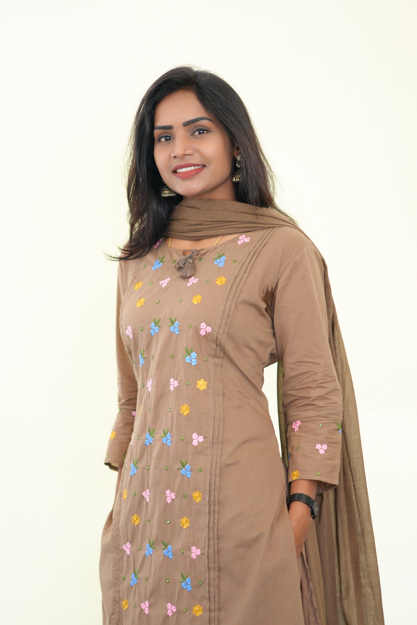 Light Brown Color Jaipur Cotton 3 Piece Set with Heavy Embroidery work