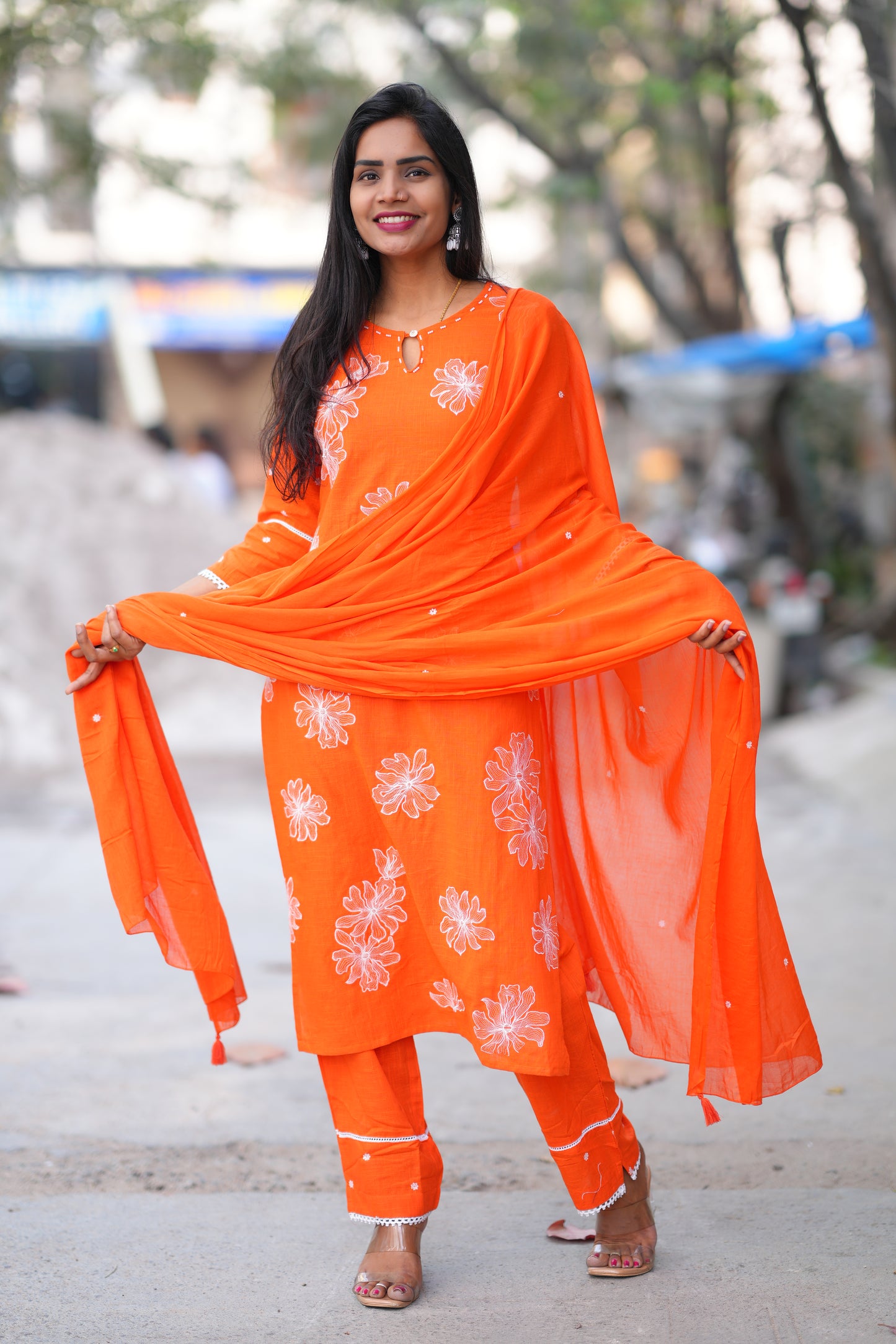 Orange Color Slub Cotton 3 Piece Set With Embroidery Work and Complete Lining