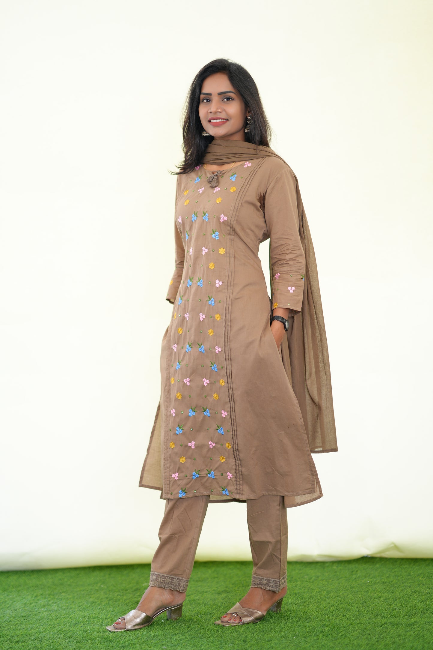 Light Brown Color Jaipur Cotton 3 Piece Set with Heavy Embroidery work
