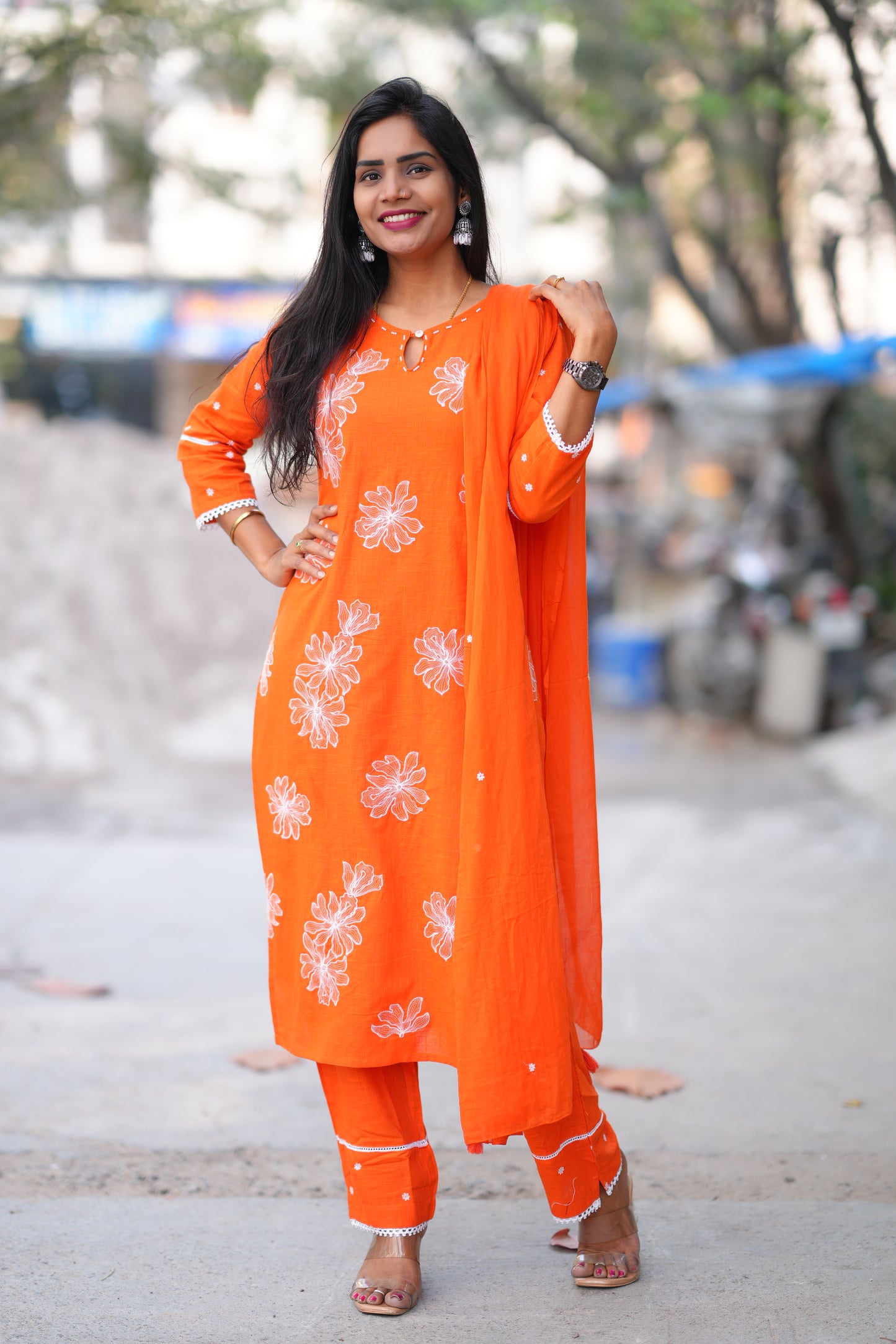 Orange Color Slub Cotton 3 Piece Set With Embroidery Work and Complete Lining