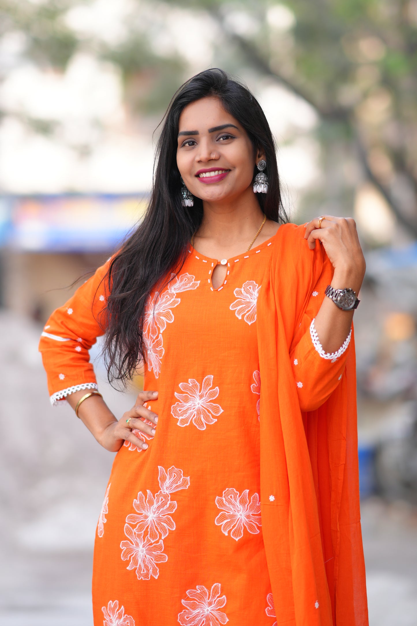 Orange Color Slub Cotton 3 Piece Set With Embroidery Work and Complete Lining