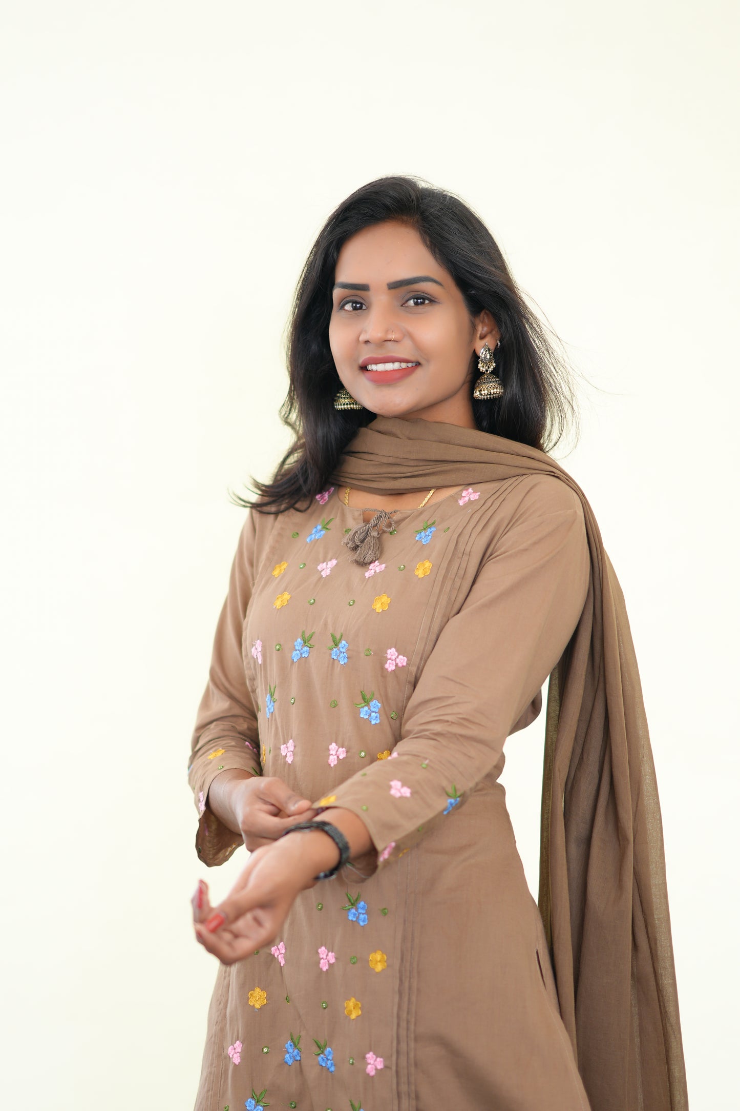 Light Brown Color Jaipur Cotton 3 Piece Set with Heavy Embroidery work