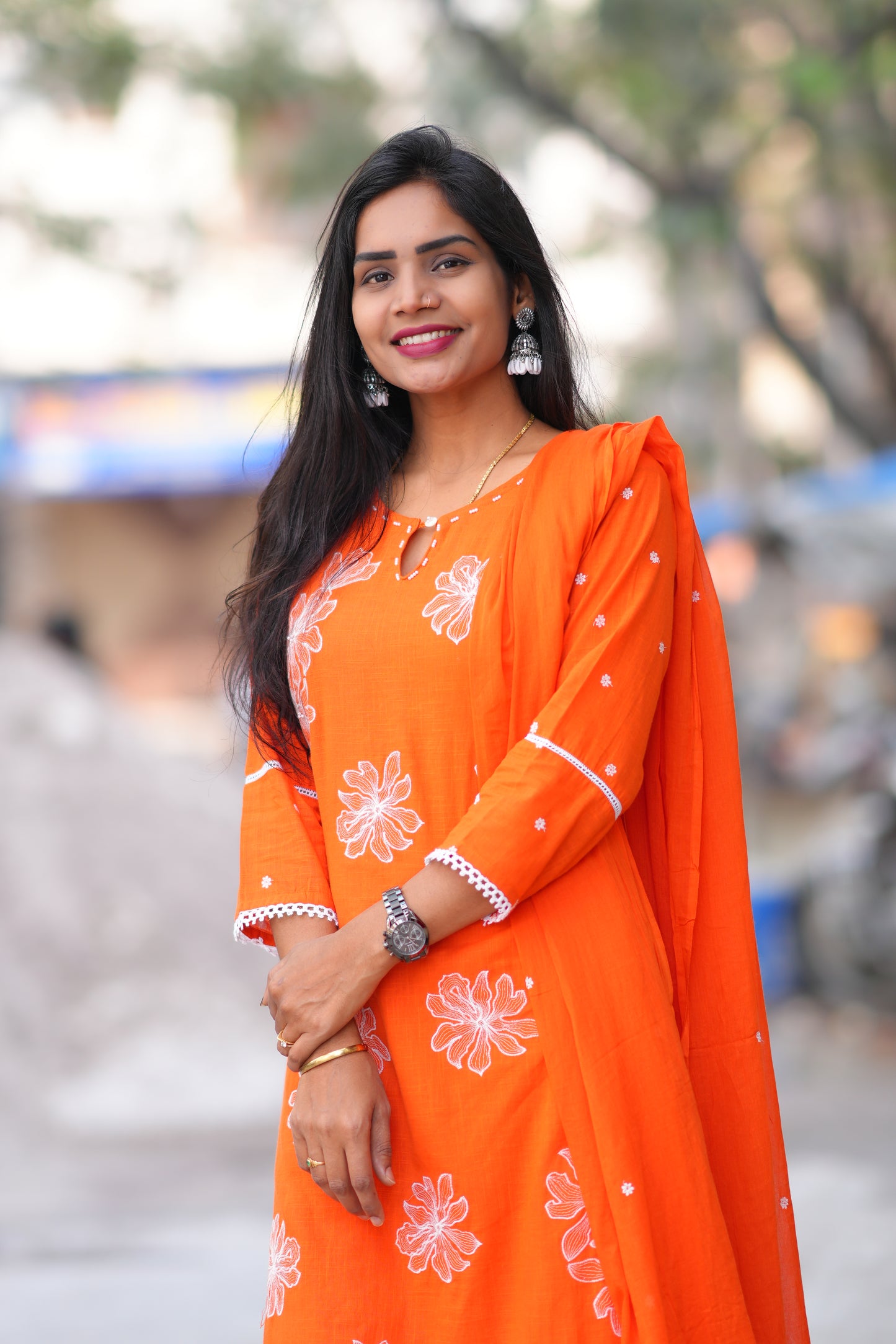 Orange Color Slub Cotton 3 Piece Set With Embroidery Work and Complete Lining