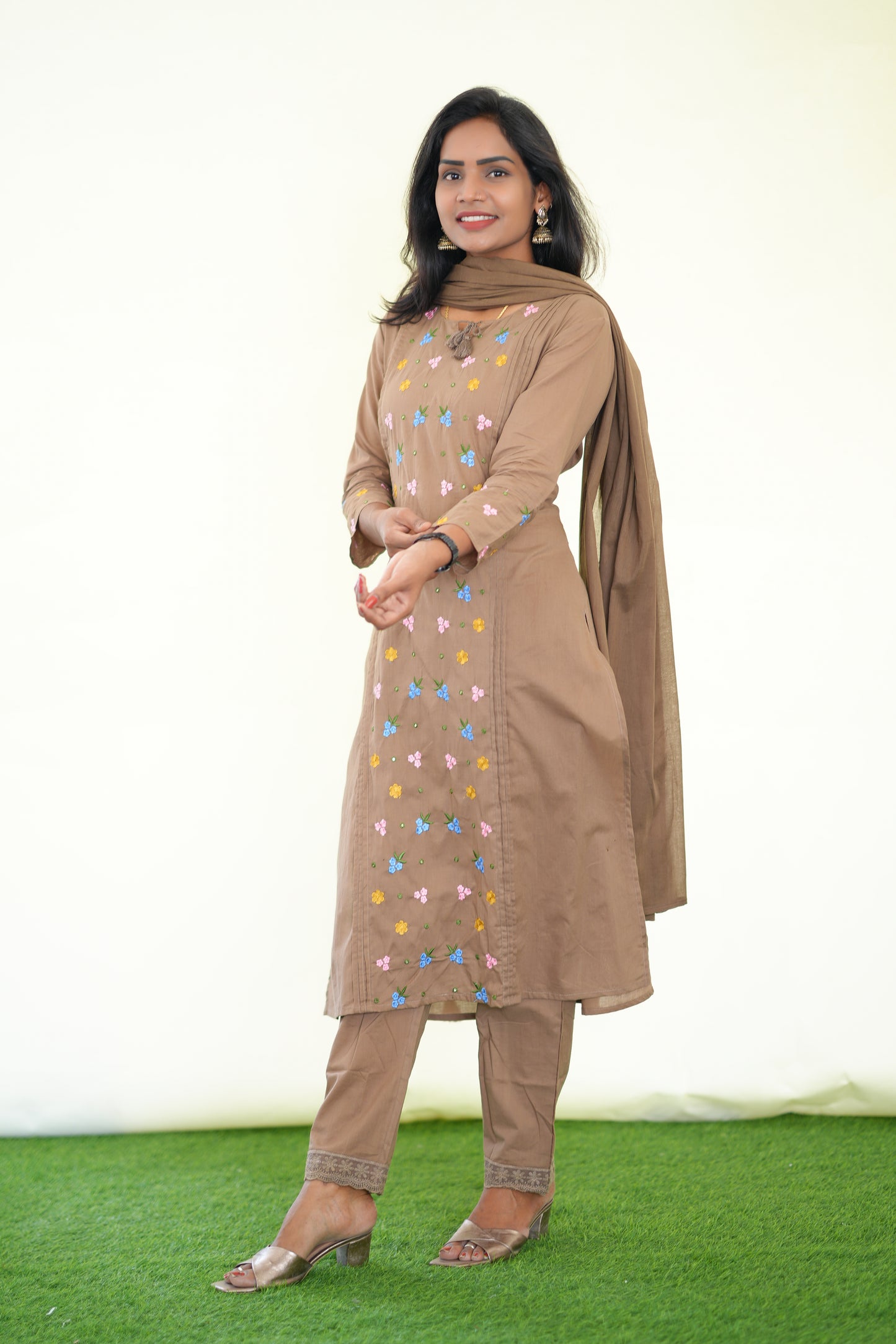 Light Brown Color Jaipur Cotton 3 Piece Set with Heavy Embroidery work