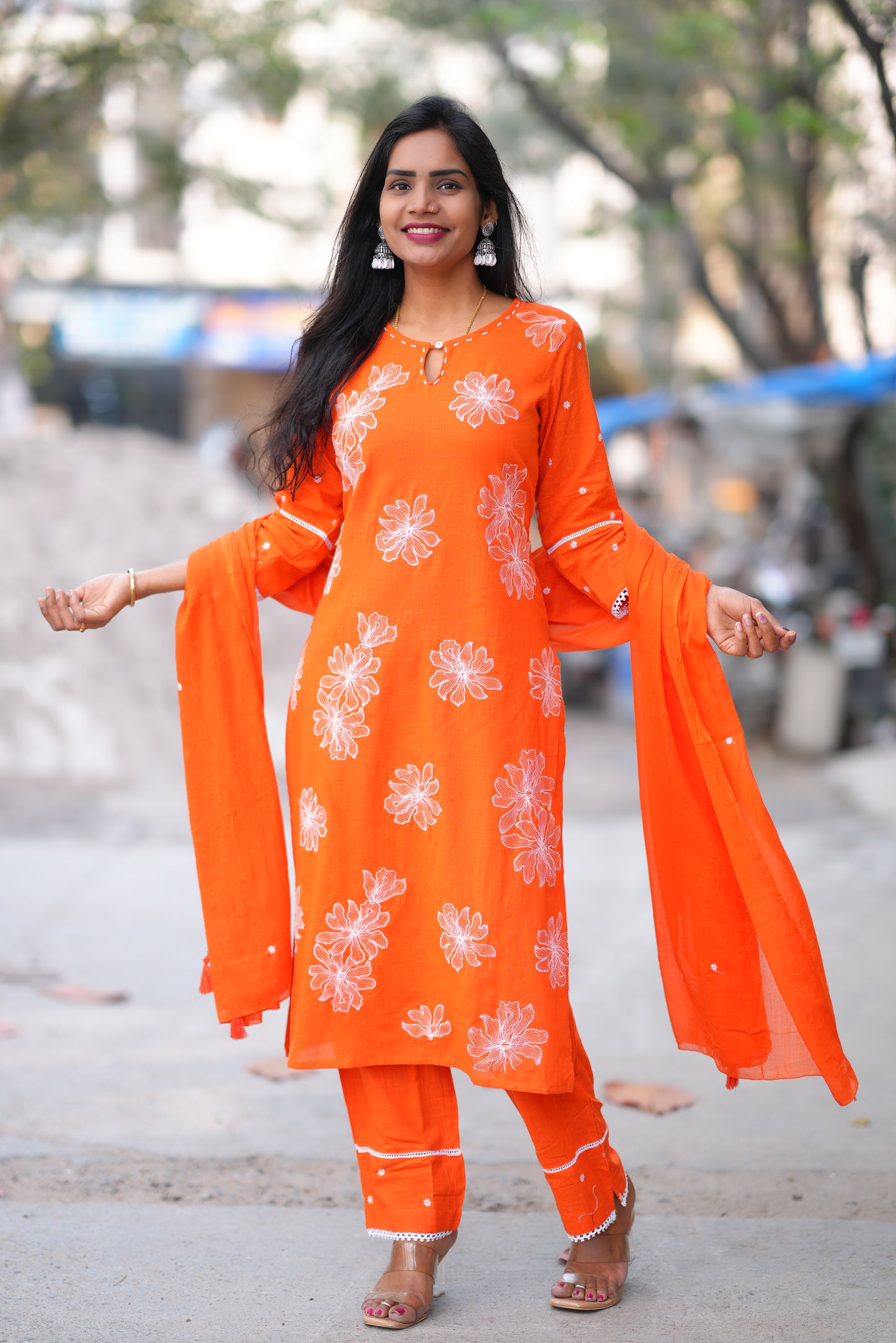 Orange Color Slub Cotton 3 Piece Set With Embroidery Work and Complete Lining