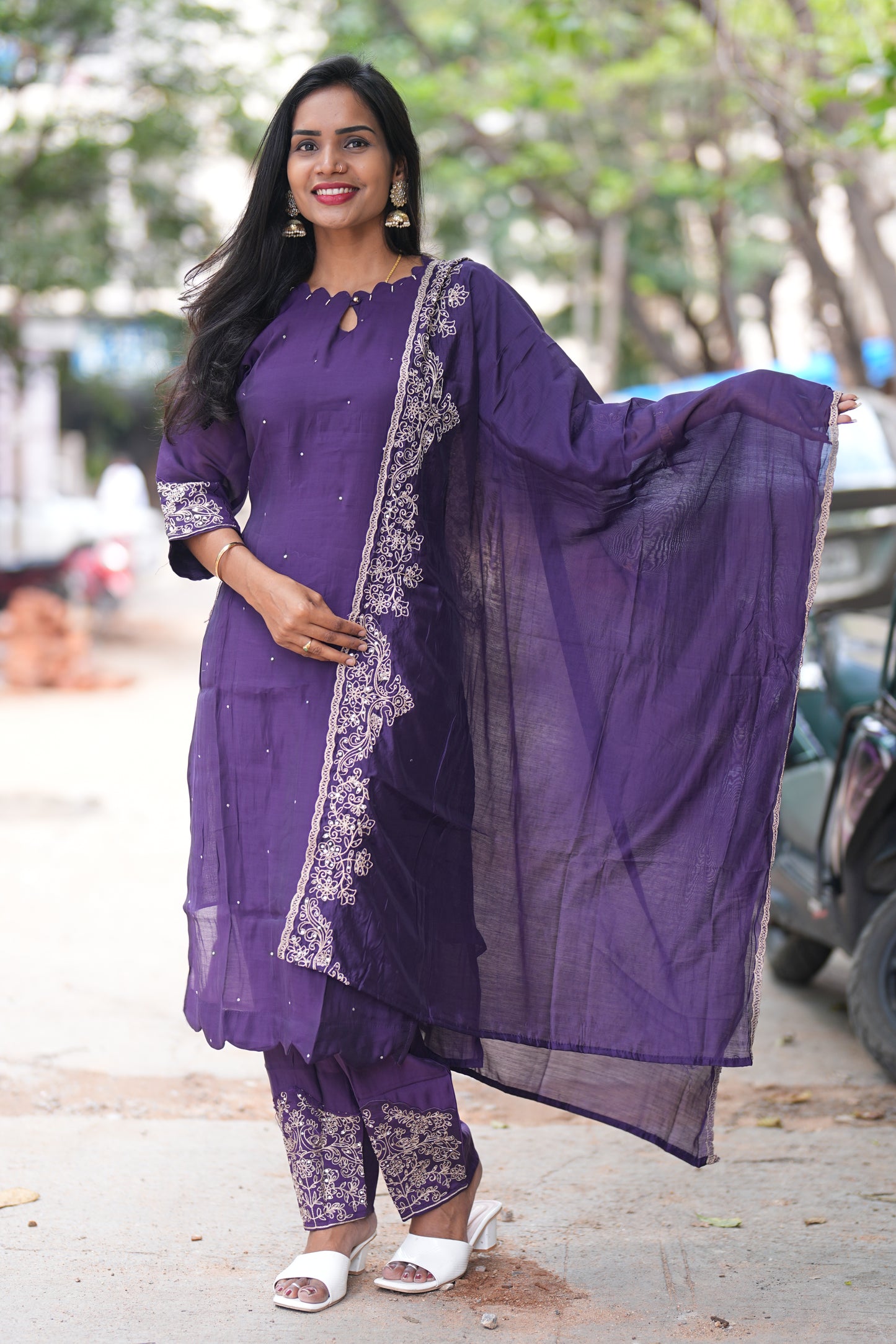 Purple Mul Chandheri Designer Wear 3 Piece Set