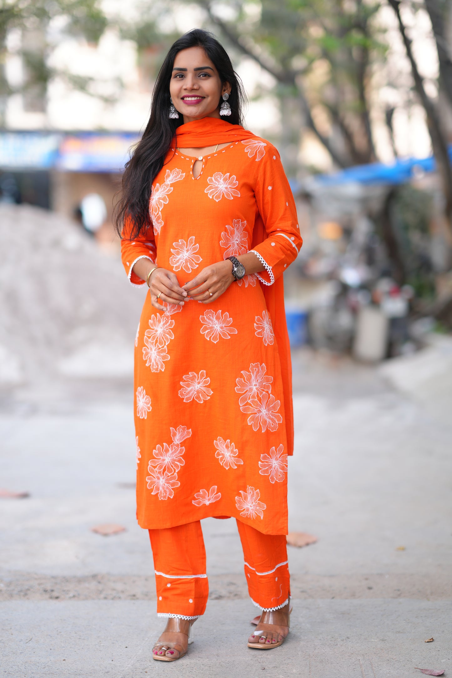 Orange Color Slub Cotton 3 Piece Set With Embroidery Work and Complete Lining