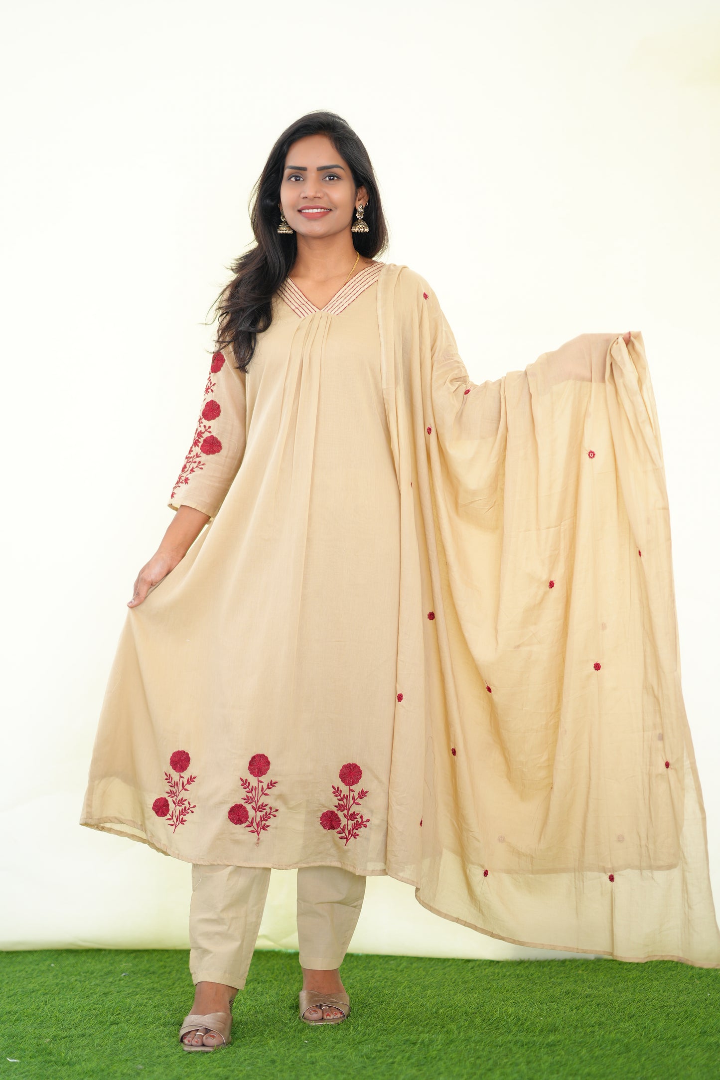 Light Brown Color Mul Cotton 3 Piece Set With Embroidery work and Complete Lining