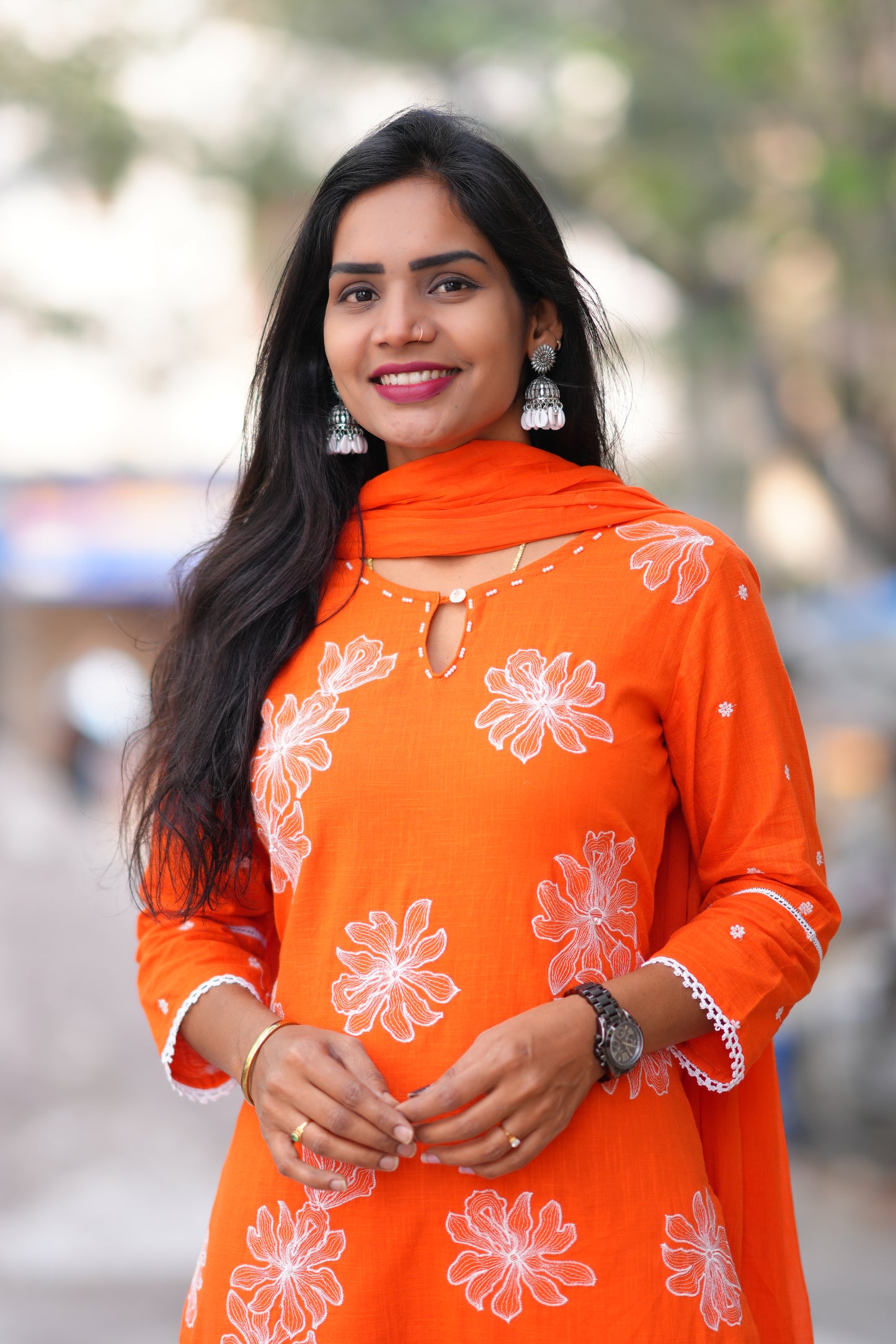 Orange Color Slub Cotton 3 Piece Set With Embroidery Work and Complete Lining