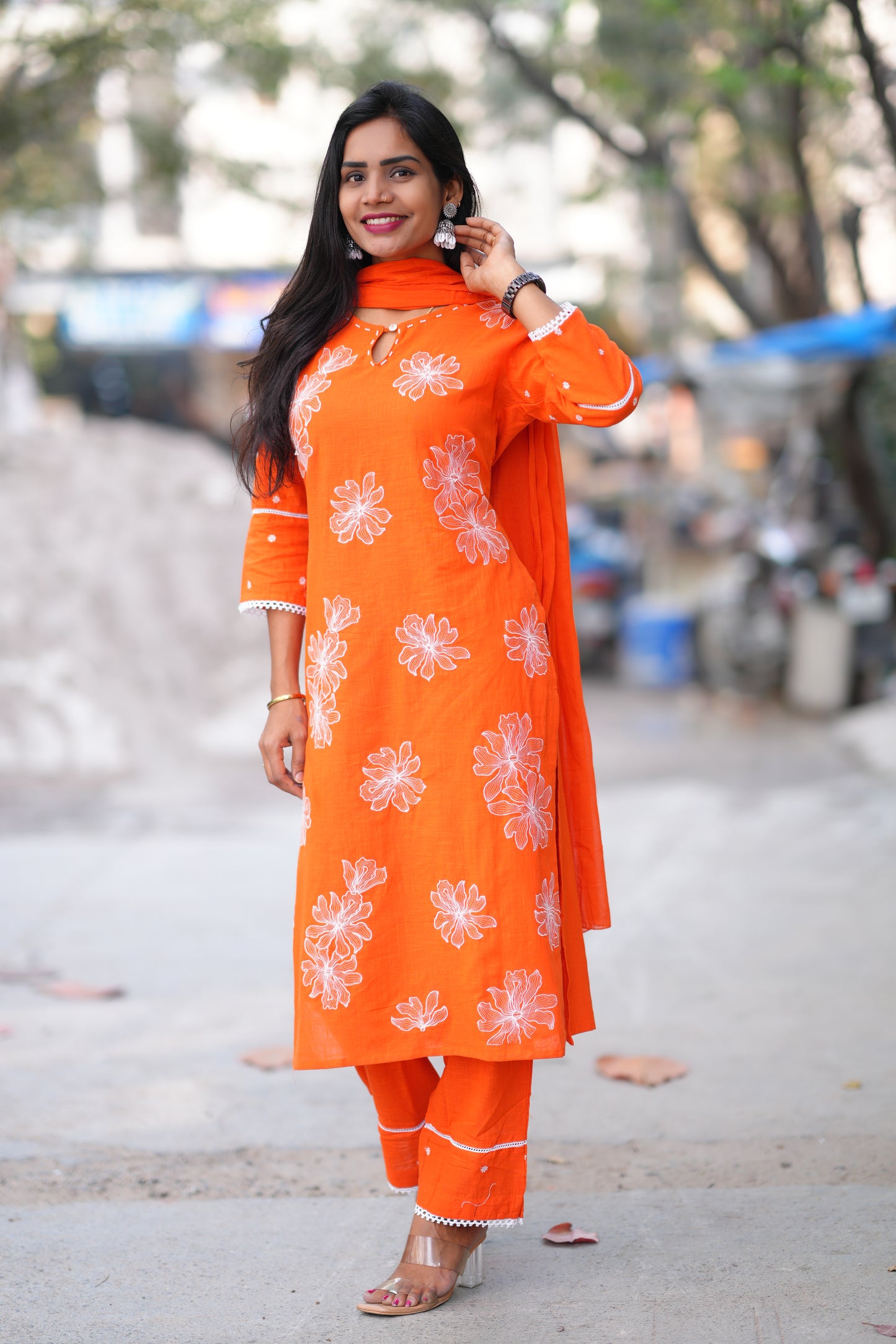 Orange Color Slub Cotton 3 Piece Set With Embroidery Work and Complete Lining