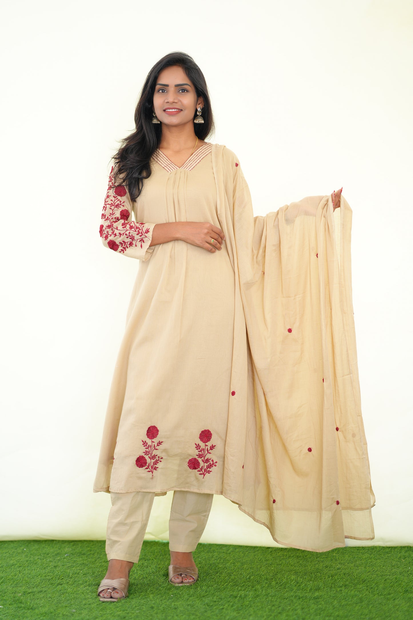 Light Brown Color Mul Cotton 3 Piece Set With Embroidery work and Complete Lining