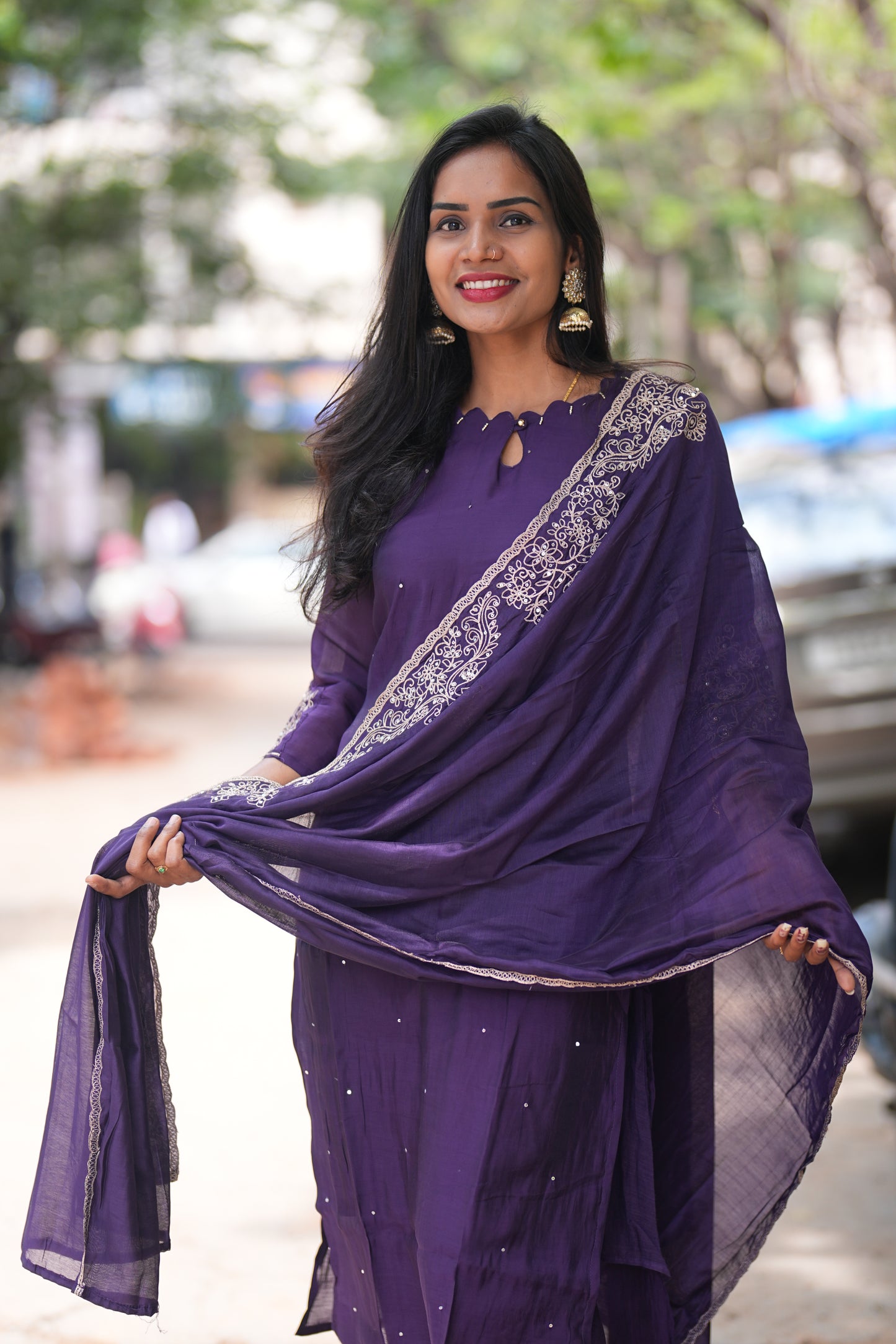 Purple Mul Chandheri Designer Wear 3 Piece Set