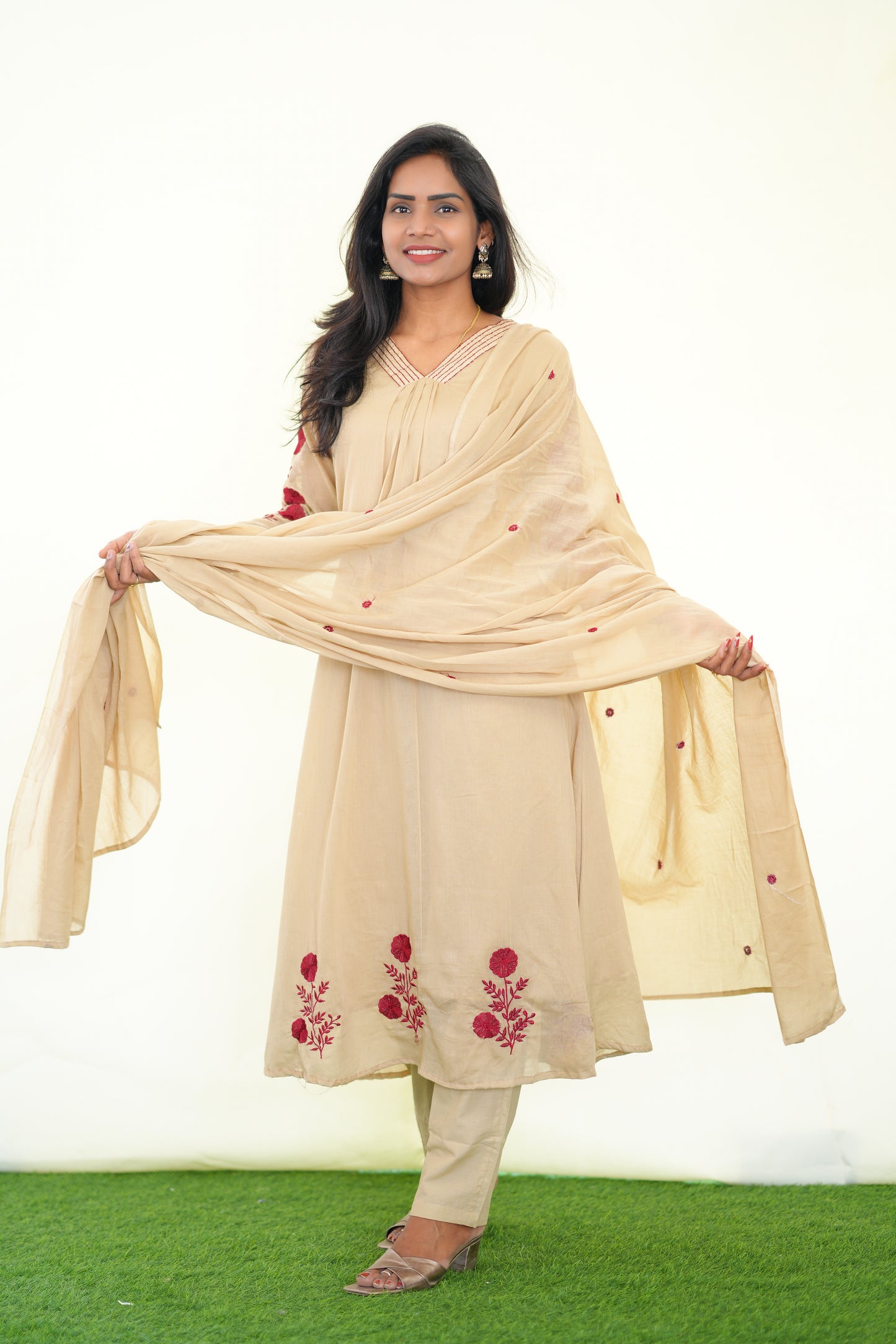 Light Brown Color Mul Cotton 3 Piece Set With Embroidery work and Complete Lining