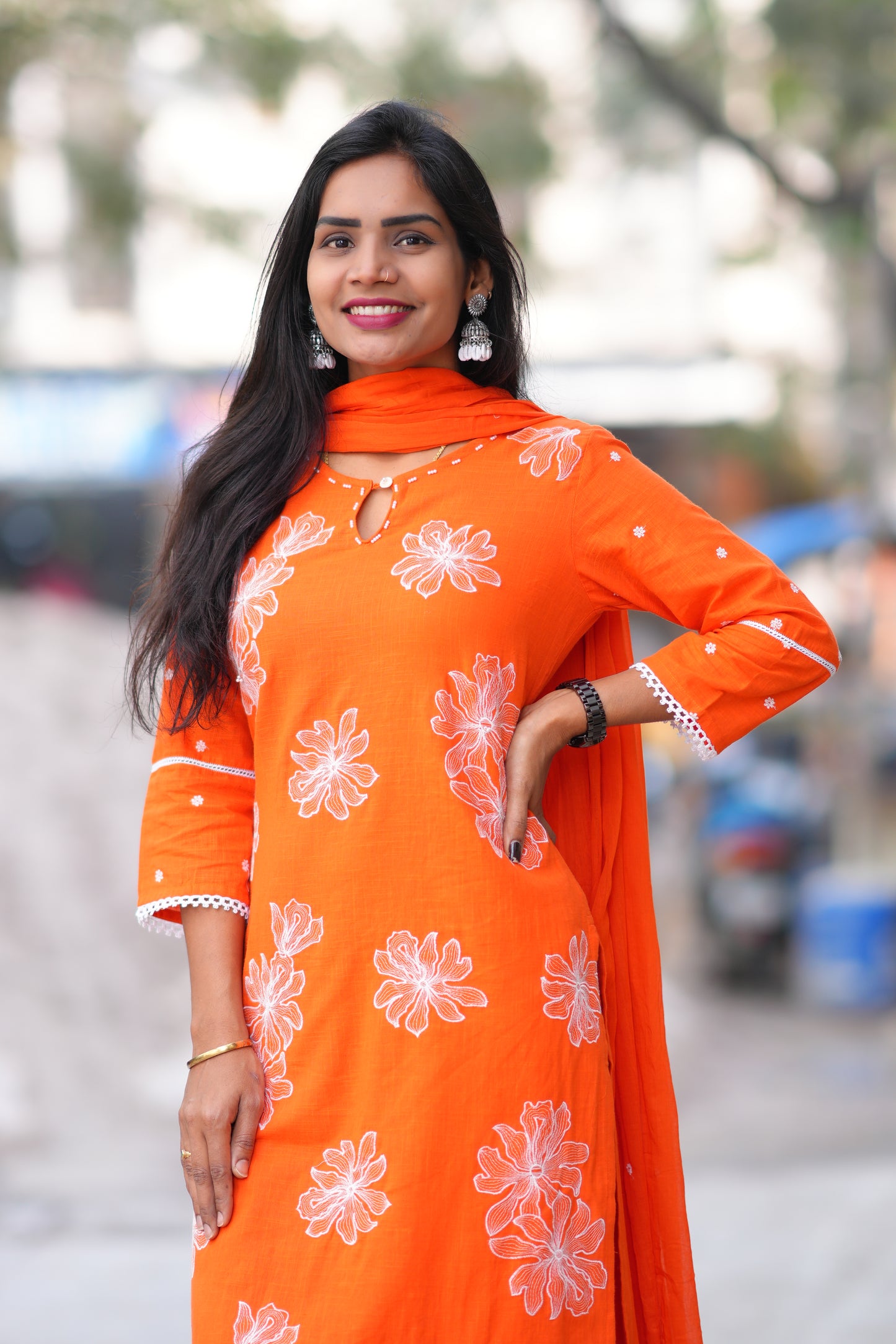 Orange Color Slub Cotton 3 Piece Set With Embroidery Work and Complete Lining