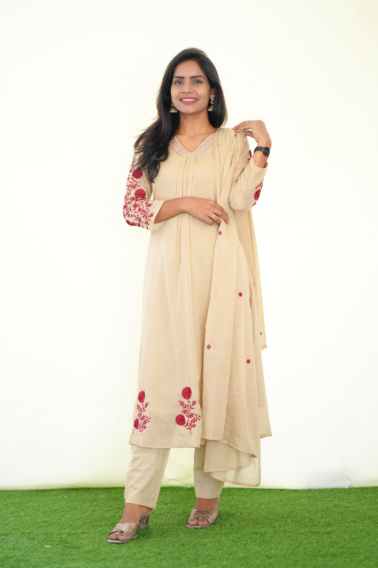 Light Brown Color Mul Cotton 3 Piece Set With Embroidery work and Complete Lining