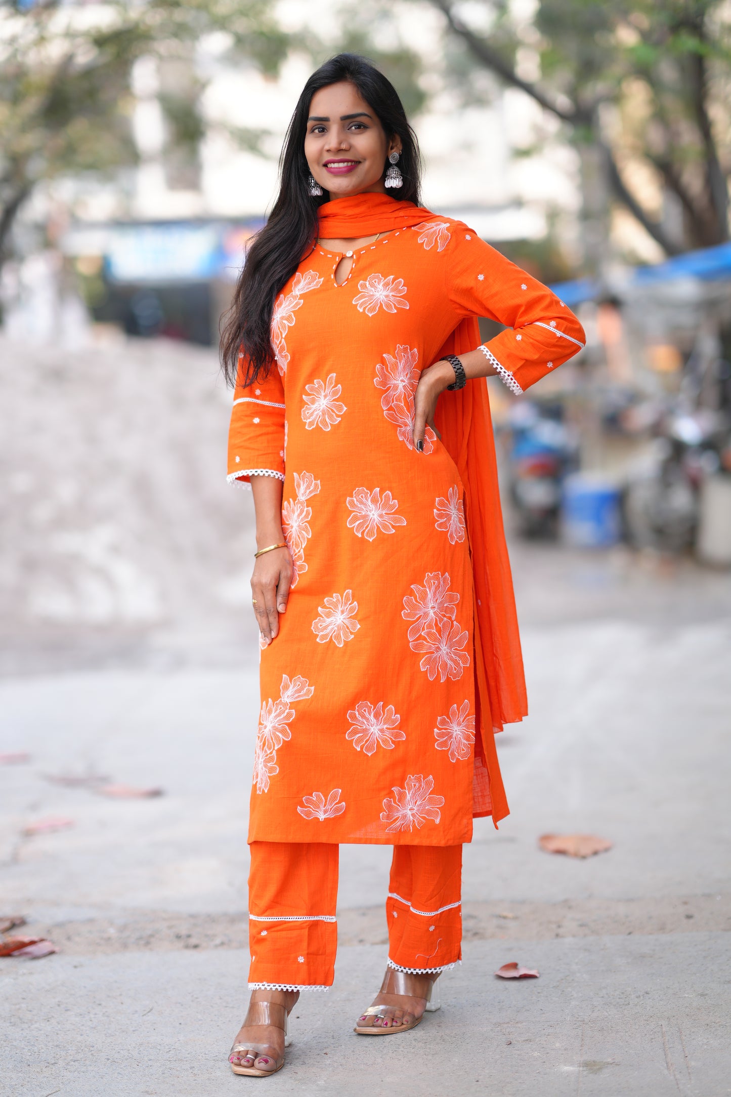 Orange Color Slub Cotton 3 Piece Set With Embroidery Work and Complete Lining