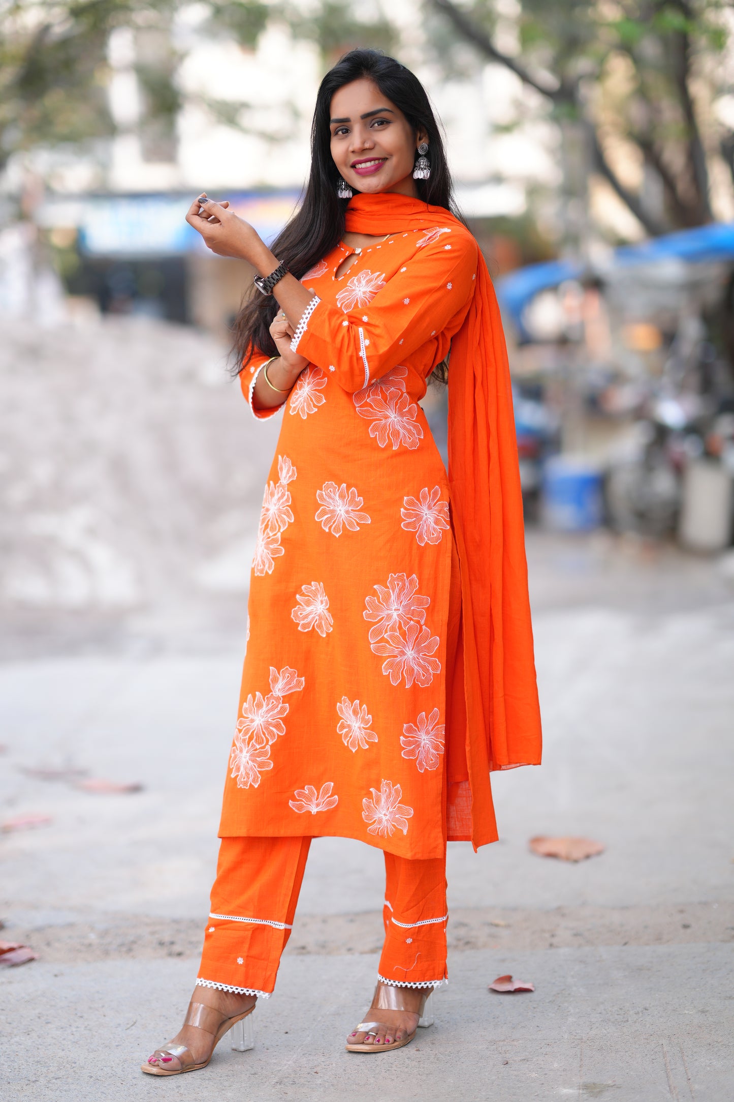Orange Color Slub Cotton 3 Piece Set With Embroidery Work and Complete Lining