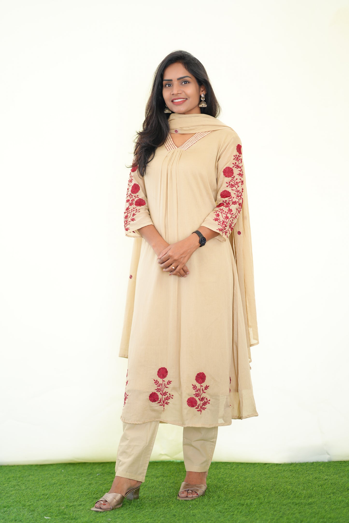 Light Brown Color Mul Cotton 3 Piece Set With Embroidery work and Complete Lining