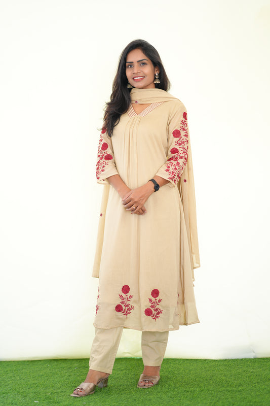 Light Brown Color Mul Cotton 3 Piece Set With Embroidery work and Complete Lining