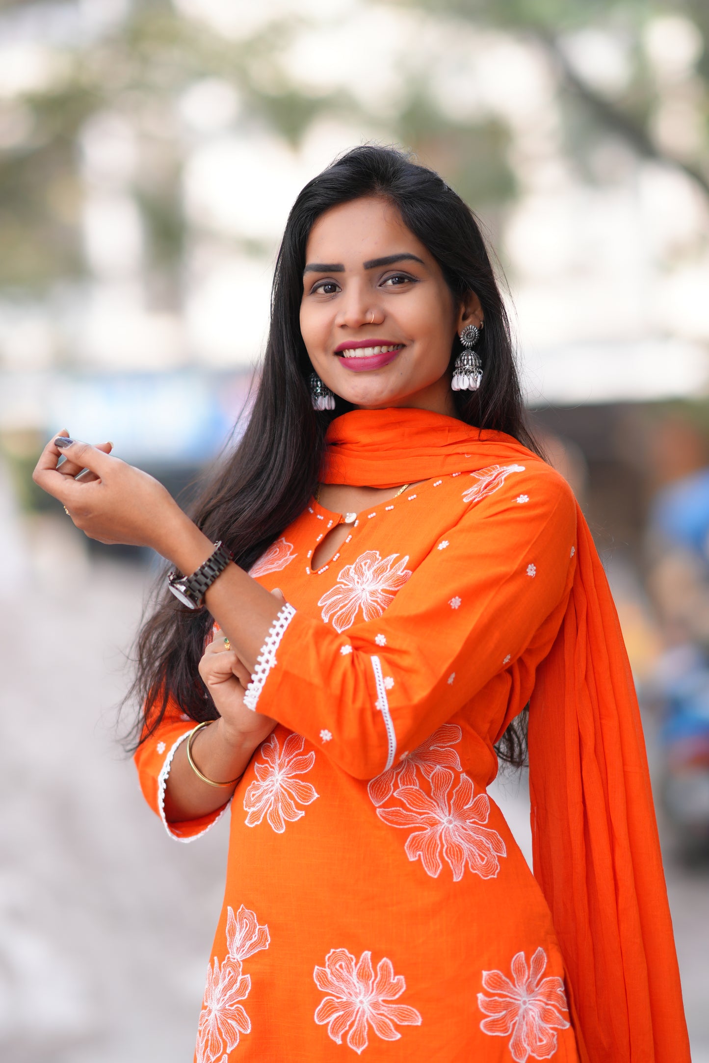 Orange Color Slub Cotton 3 Piece Set With Embroidery Work and Complete Lining