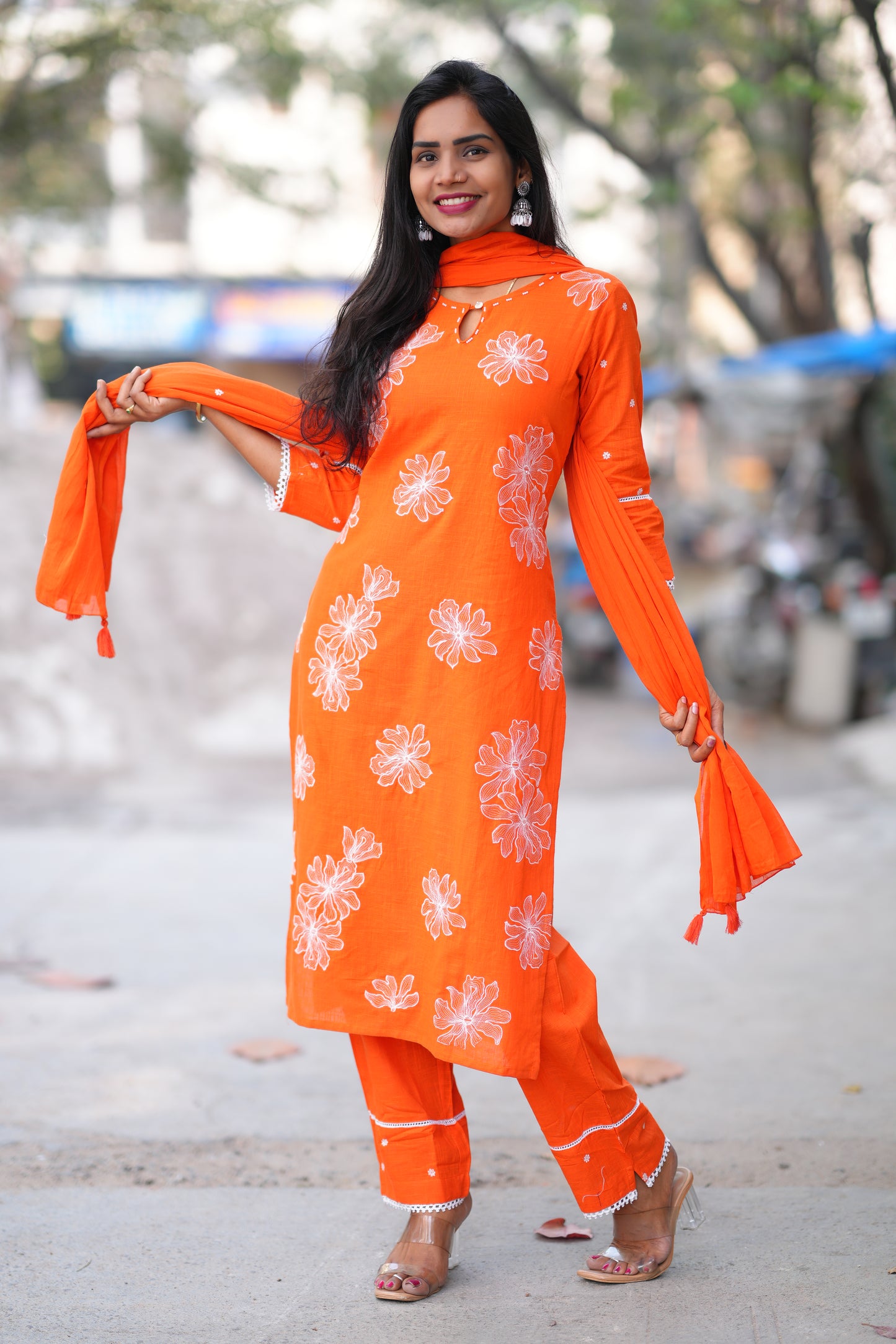 Orange Color Slub Cotton 3 Piece Set With Embroidery Work and Complete Lining