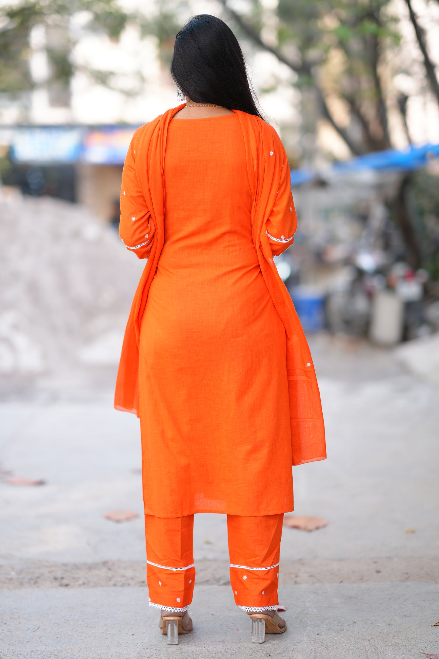 Orange Color Slub Cotton 3 Piece Set With Embroidery Work and Complete Lining