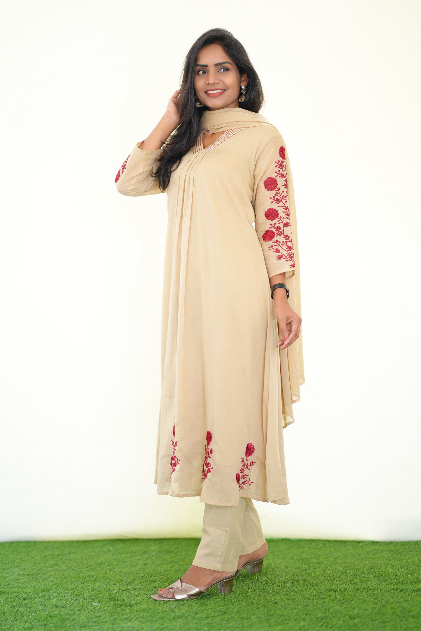 Light Brown Color Mul Cotton 3 Piece Set With Embroidery work and Complete Lining