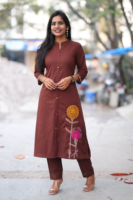 Brown Color Office Wear Cordset With Embriodary Work and Complete Lining