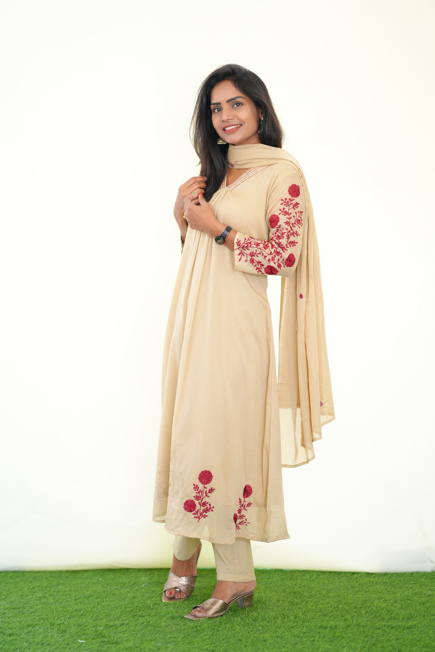 Light Brown Color Mul Cotton 3 Piece Set With Embroidery work and Complete Lining