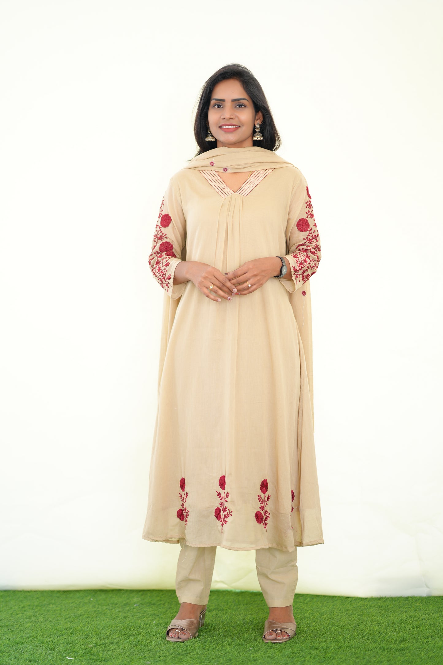 Light Brown Color Mul Cotton 3 Piece Set With Embroidery work and Complete Lining