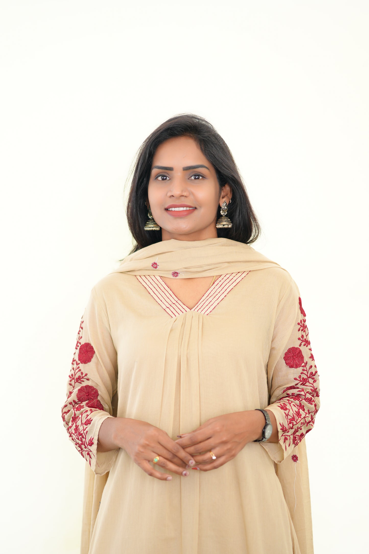 Light Brown Color Mul Cotton 3 Piece Set With Embroidery work and Complete Lining