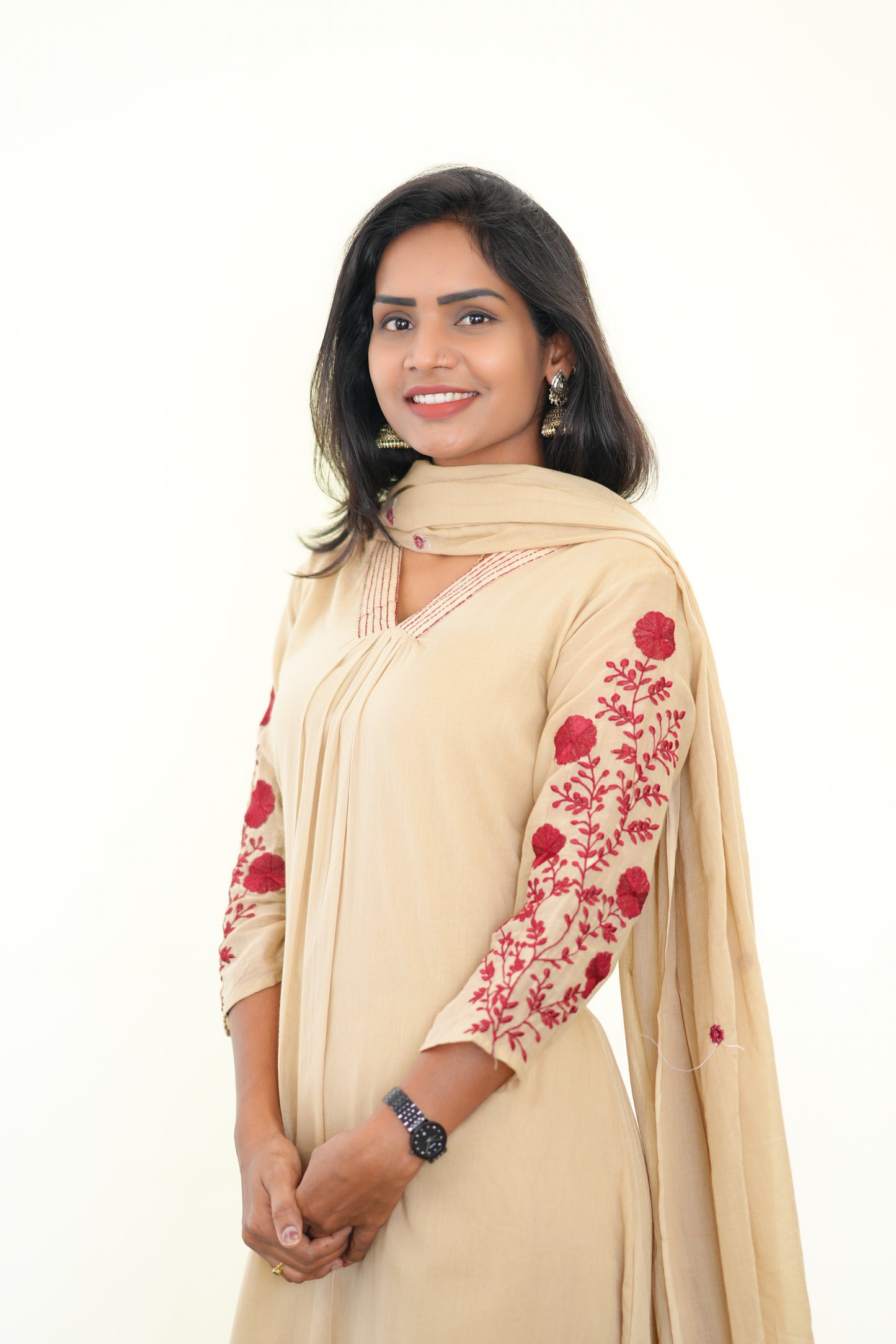 Light Brown Color Mul Cotton 3 Piece Set With Embroidery work and Complete Lining