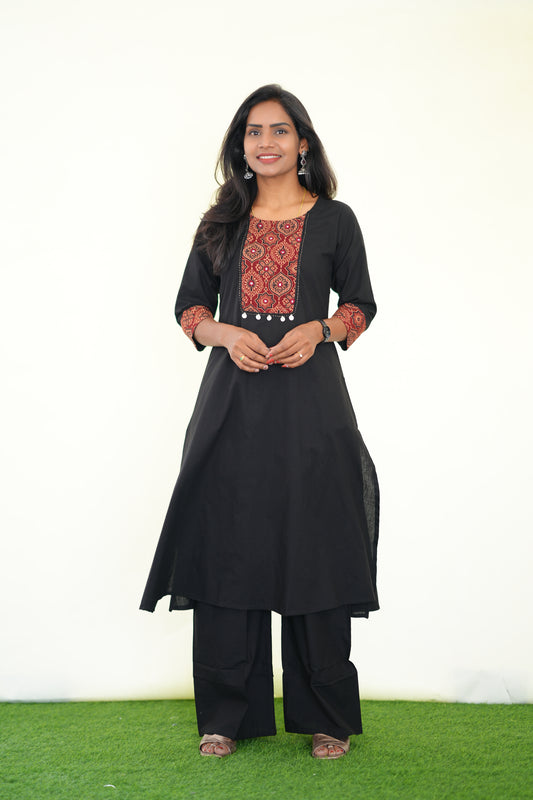 Black Color Jaipur Cotton Cordset With Marron Patch Work