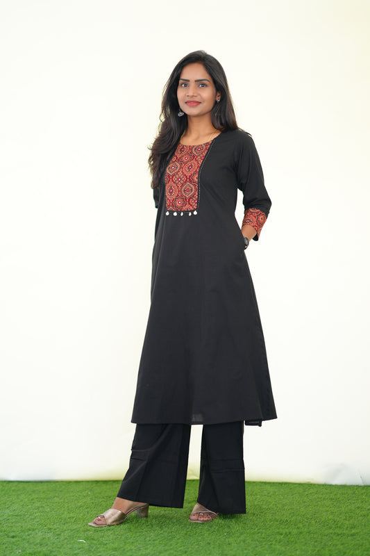 Black Color Jaipur Cotton Cordset With Marron Patch Work