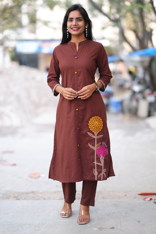 Brown Color Office Wear Cordset With Embriodary Work and Complete Lining