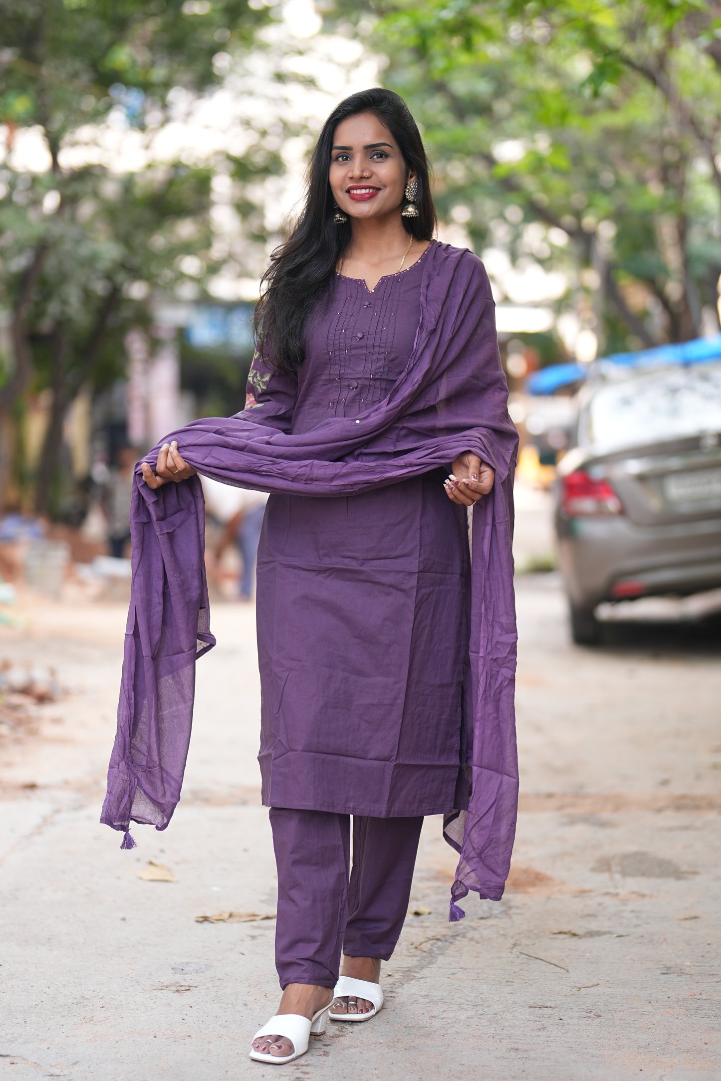 Purple Color Jaipuri Cotton Designer Wear 3 Piece Set
