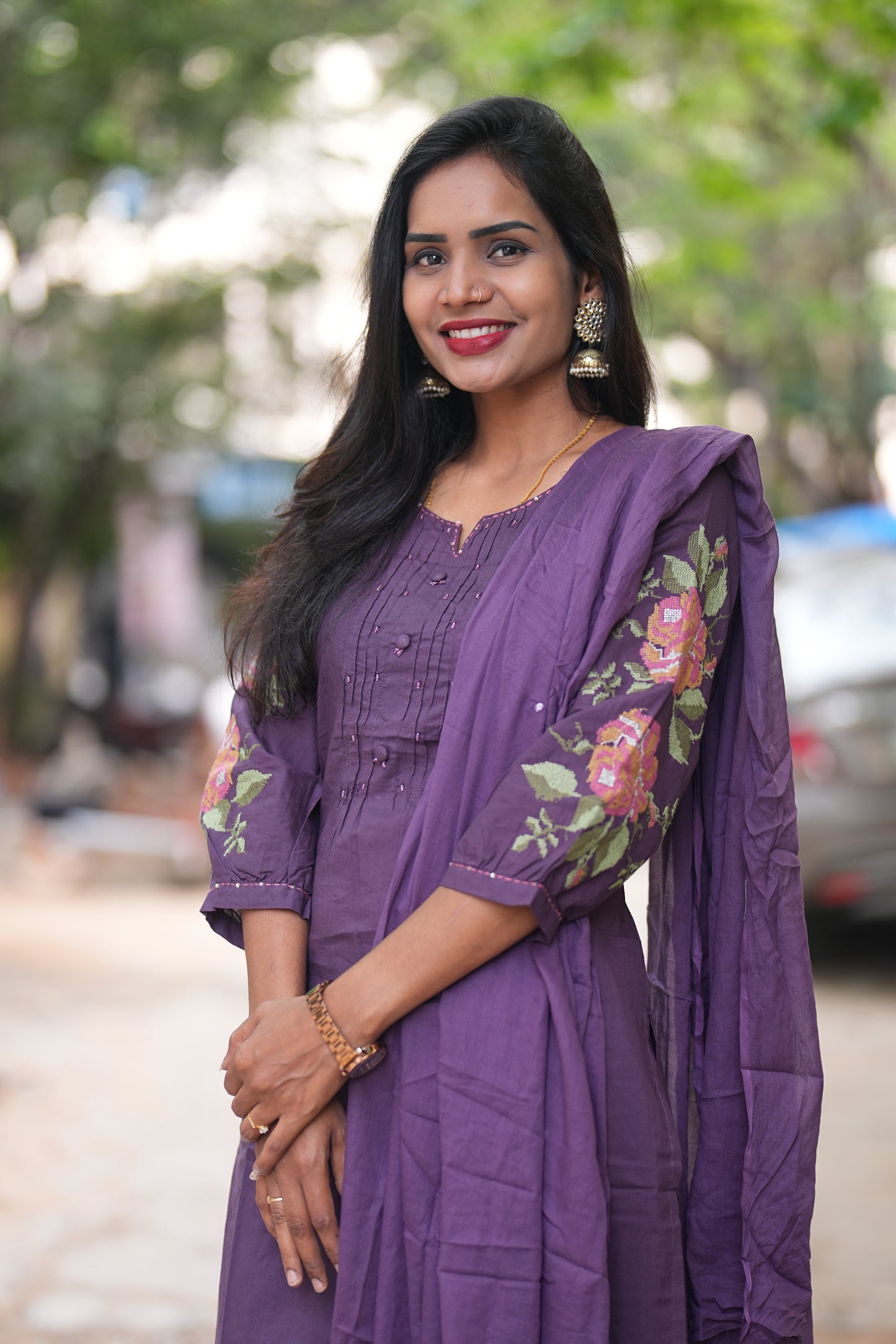 Purple Color Jaipuri Cotton Designer Wear 3 Piece Set