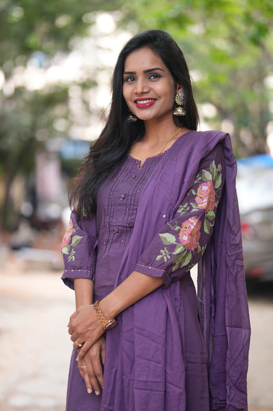 Purple Color Jaipuri Cotton Designer Wear 3 Piece Set