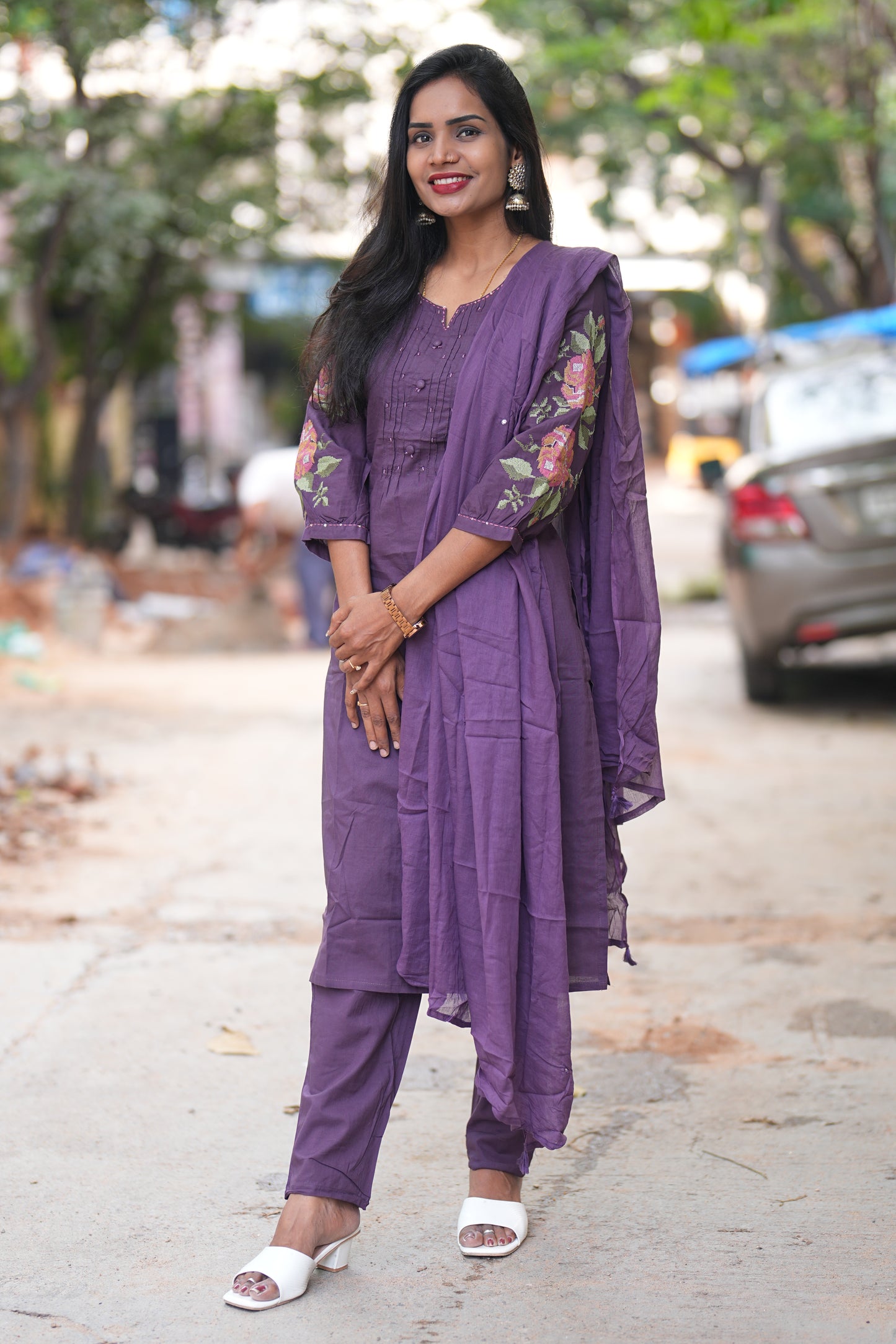 Purple Color Jaipuri Cotton Designer Wear 3 Piece Set