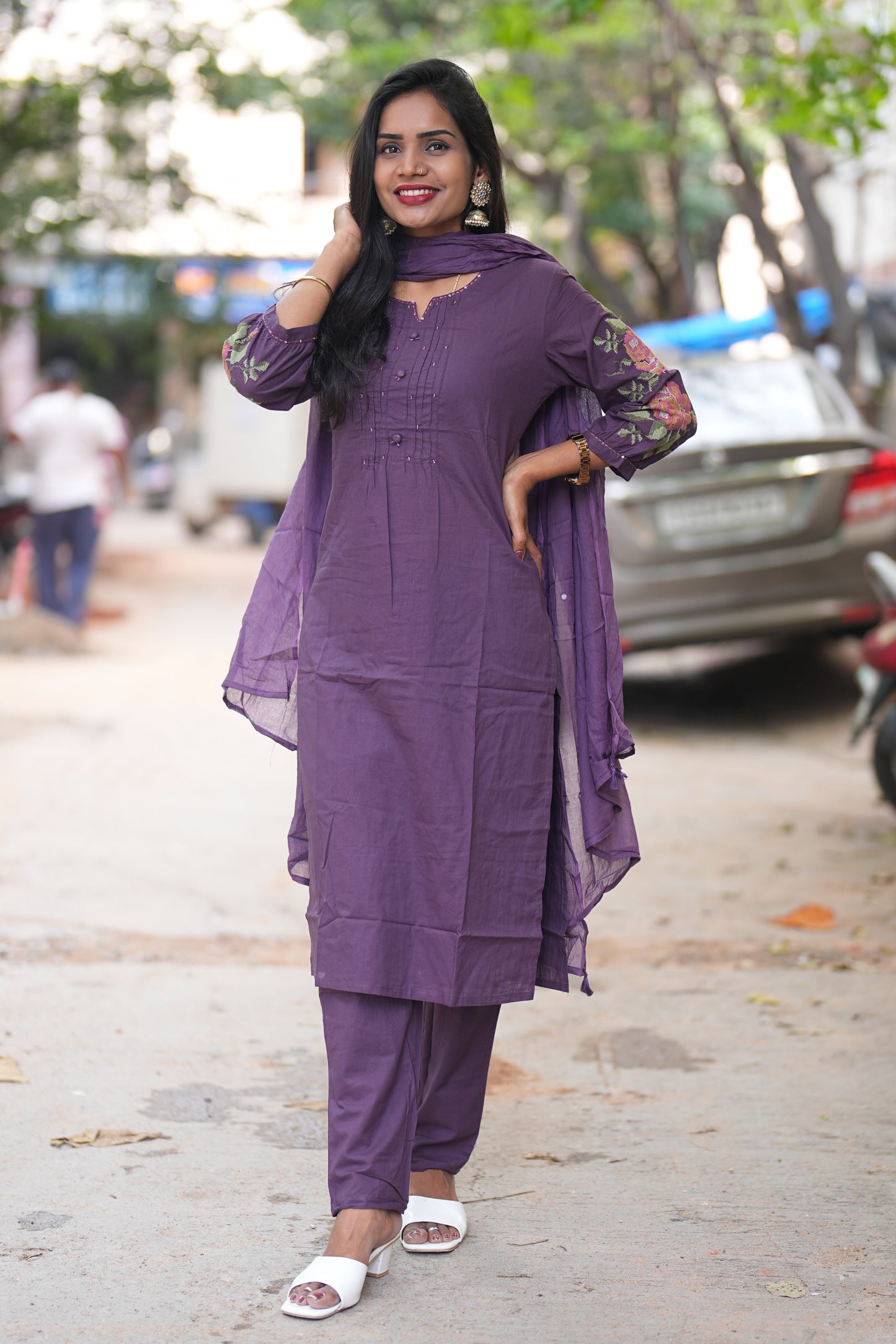 Purple Color Jaipuri Cotton Designer Wear 3 Piece Set