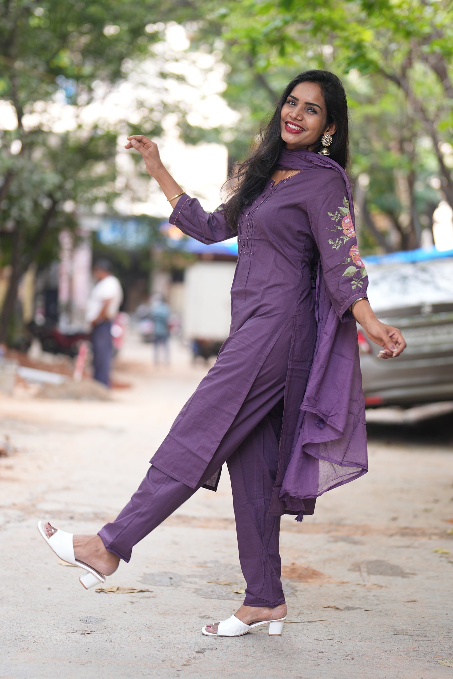 Purple Color Jaipuri Cotton Designer Wear 3 Piece Set