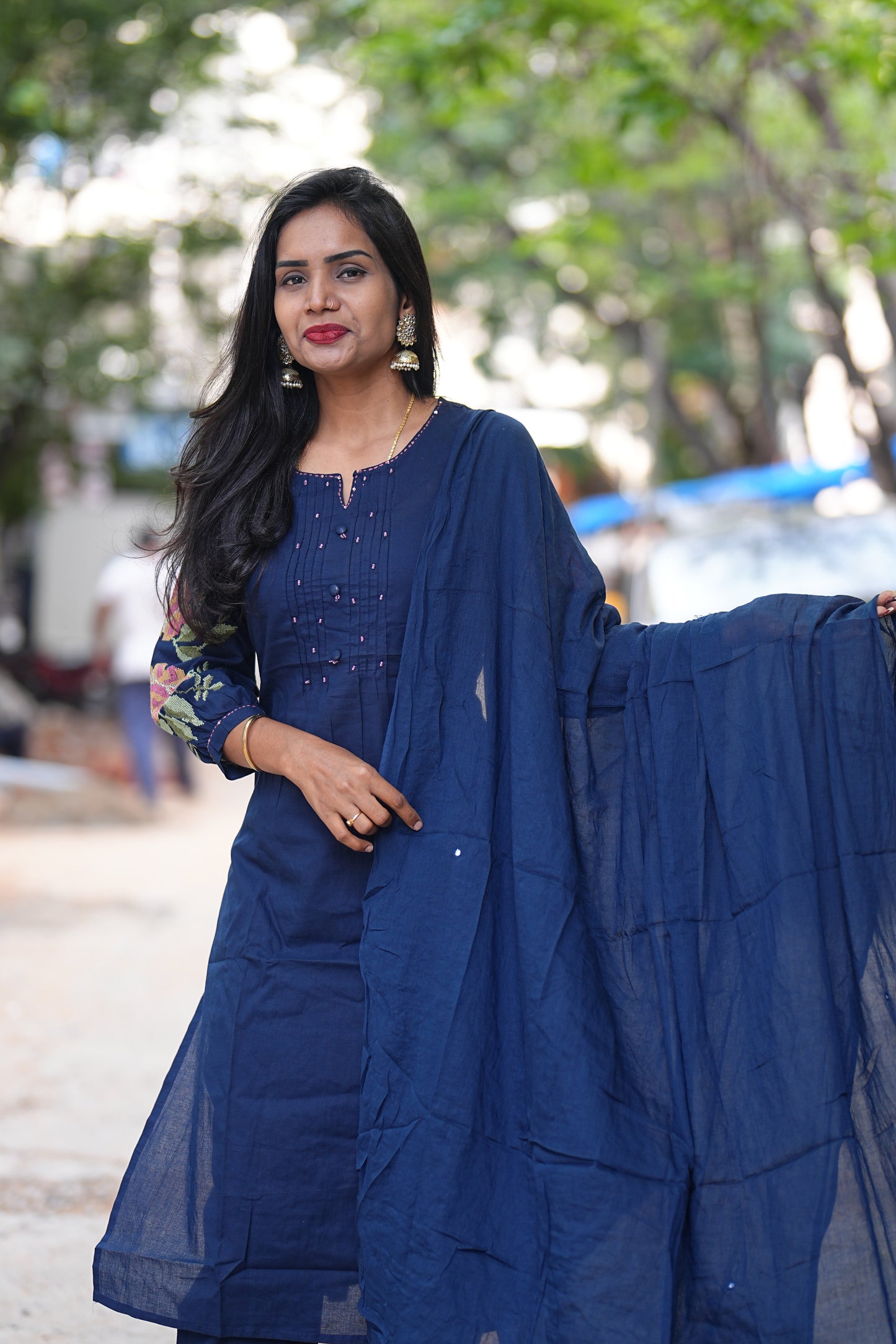Blue Color Jaipuri Cotton Designer Wear 3 Piece Set