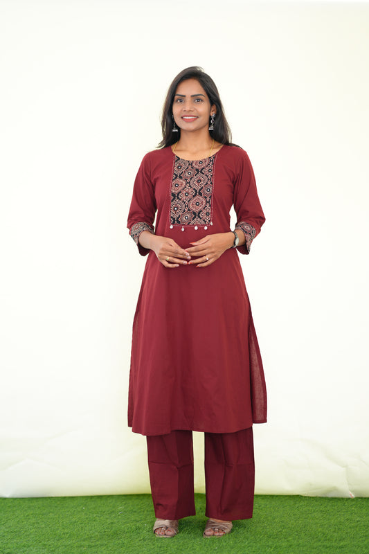 Maroon Color Jaipur Cotton Cordset With Marron Patch Work